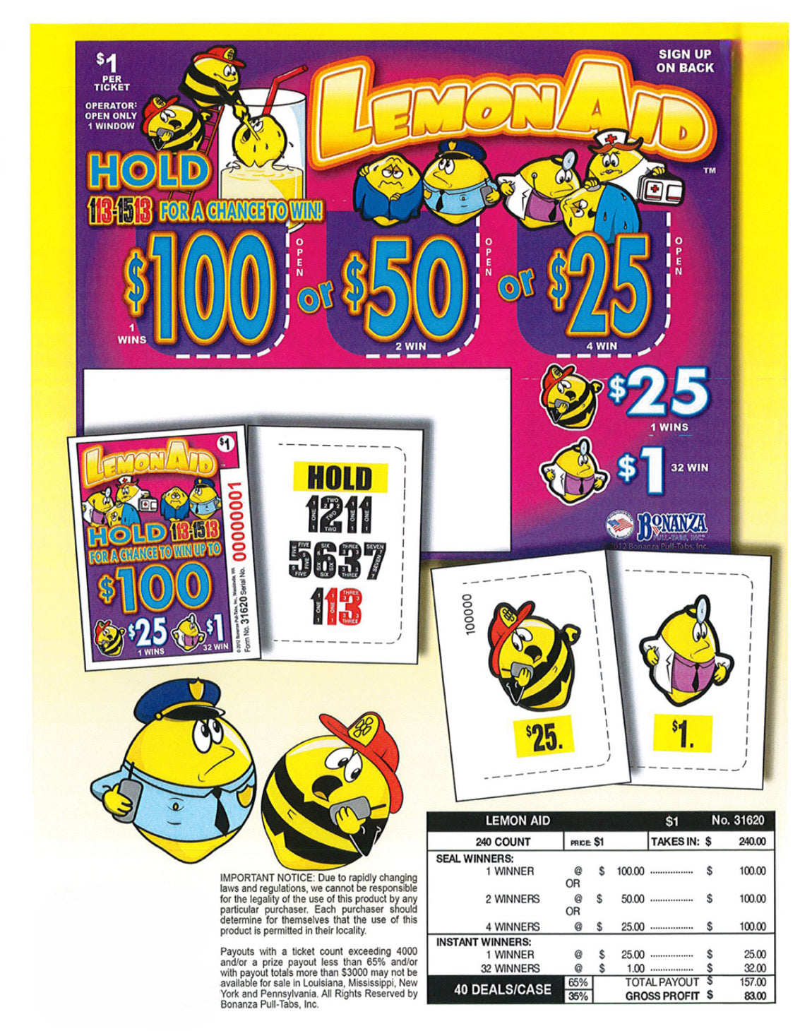 LEMON AID 240 ct Pull Tab Ticket