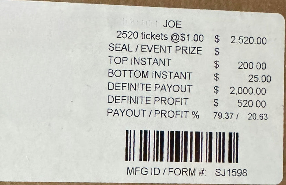 BALL BREAKER JOE 2,520 ct Pull Tab Ticket