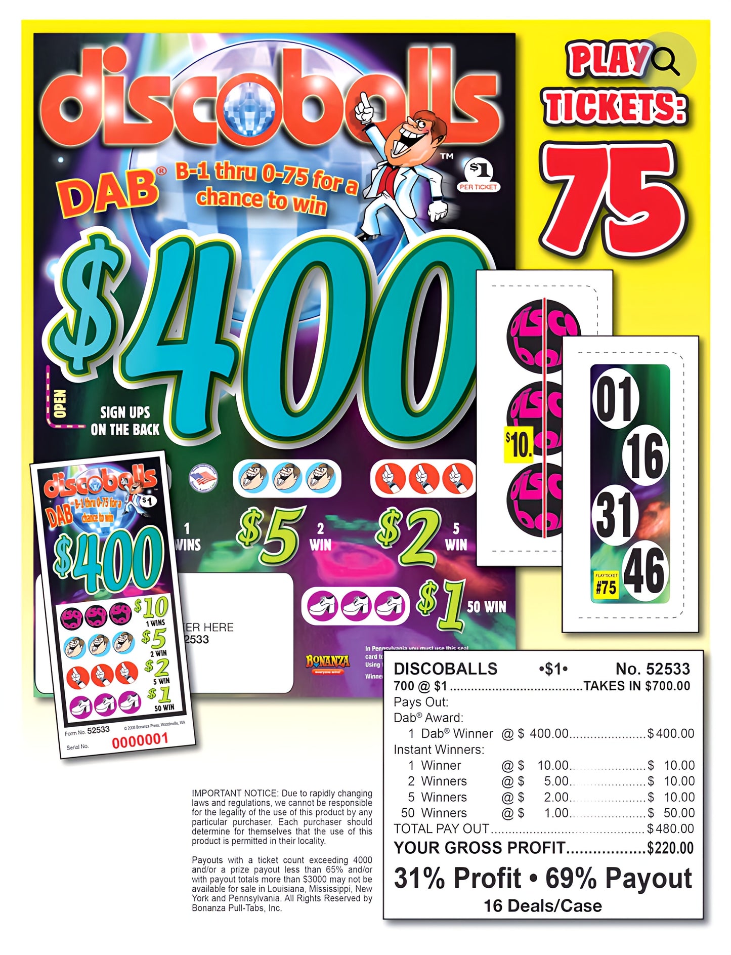 DISCOBALLS 672 ct Pull Tab Ticket