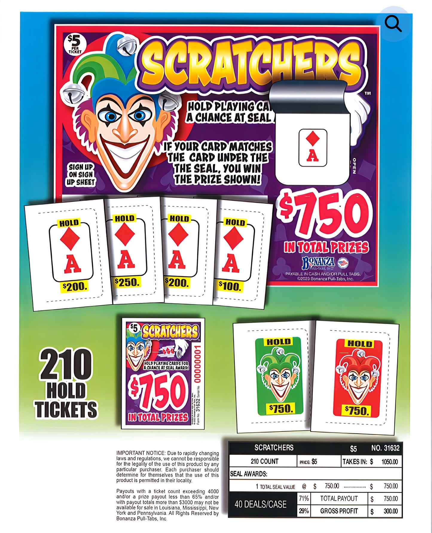 SCRATCHERS 210 ct Pull Tab Ticket