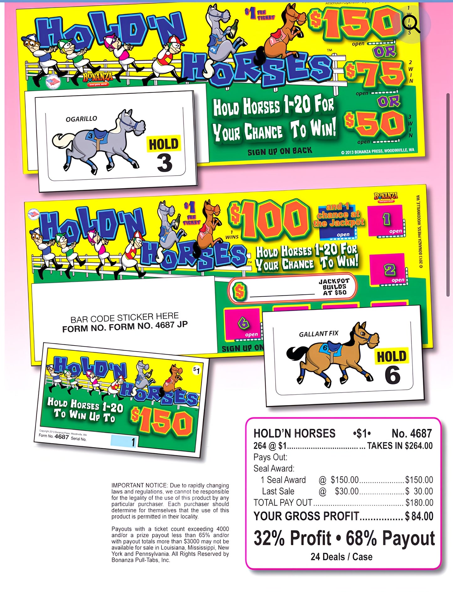 HOLD'N HORSES 264 ct Pull Tab Ticket