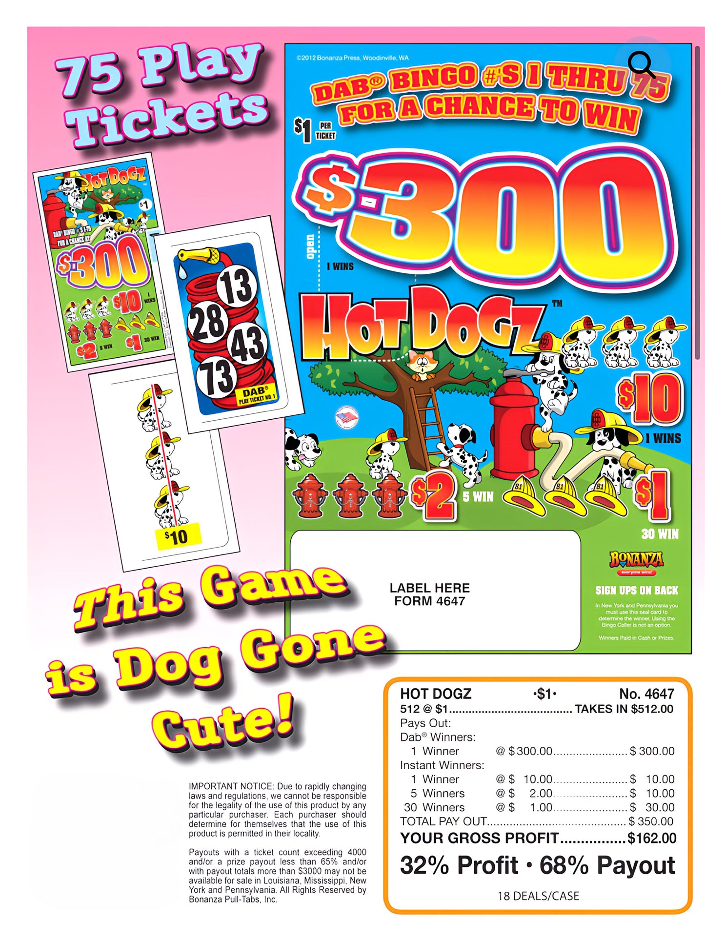 HOT DOGZ 512 ct Pull Tab Ticket