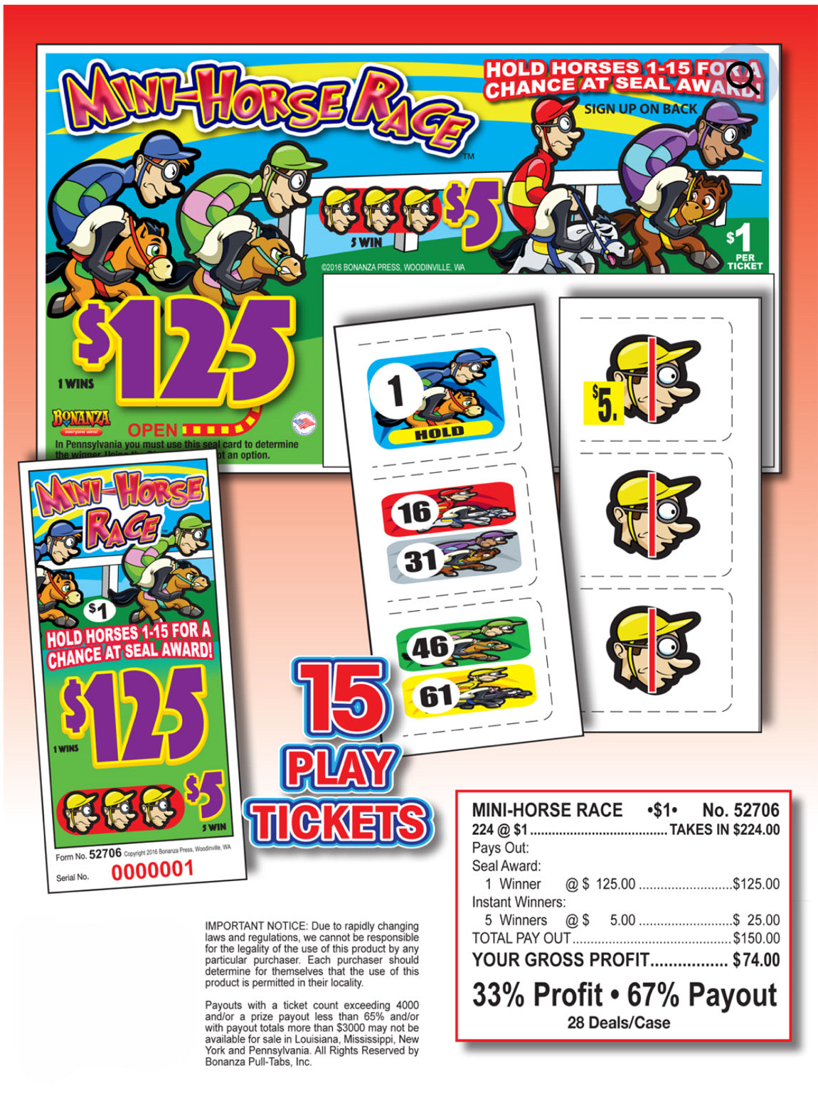 MINI HORSE RACE 224 ct Pull Tab Ticket