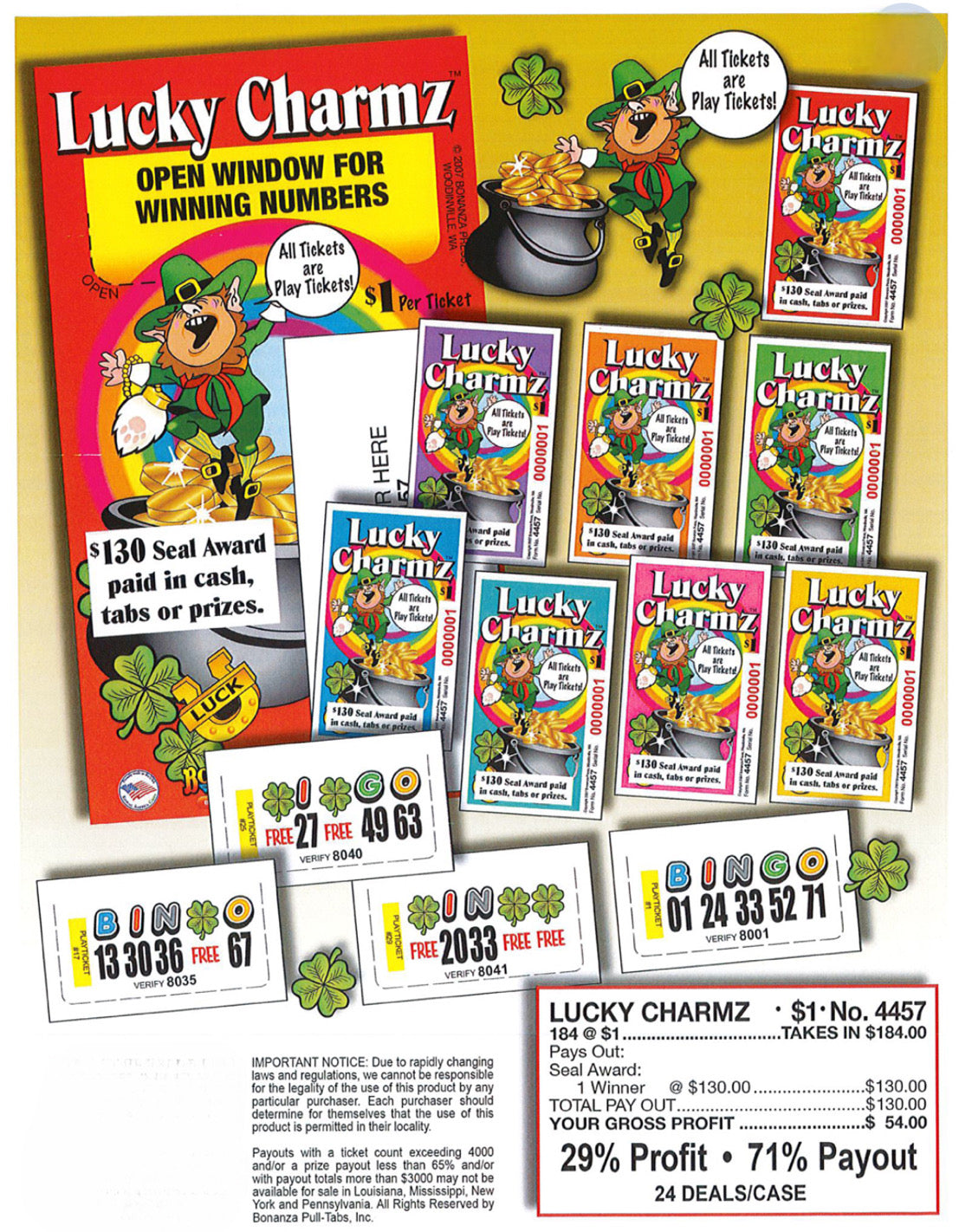 LUCKY CHARMZ 184 ct Pull Tab Ticket