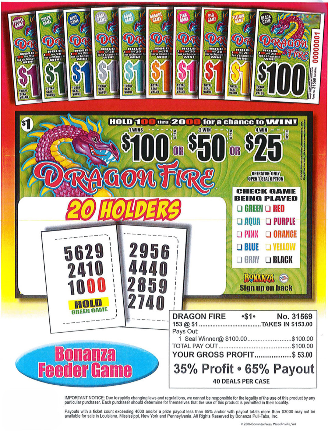 DRAGON FIRE 152 ct Pull Tab Ticket
