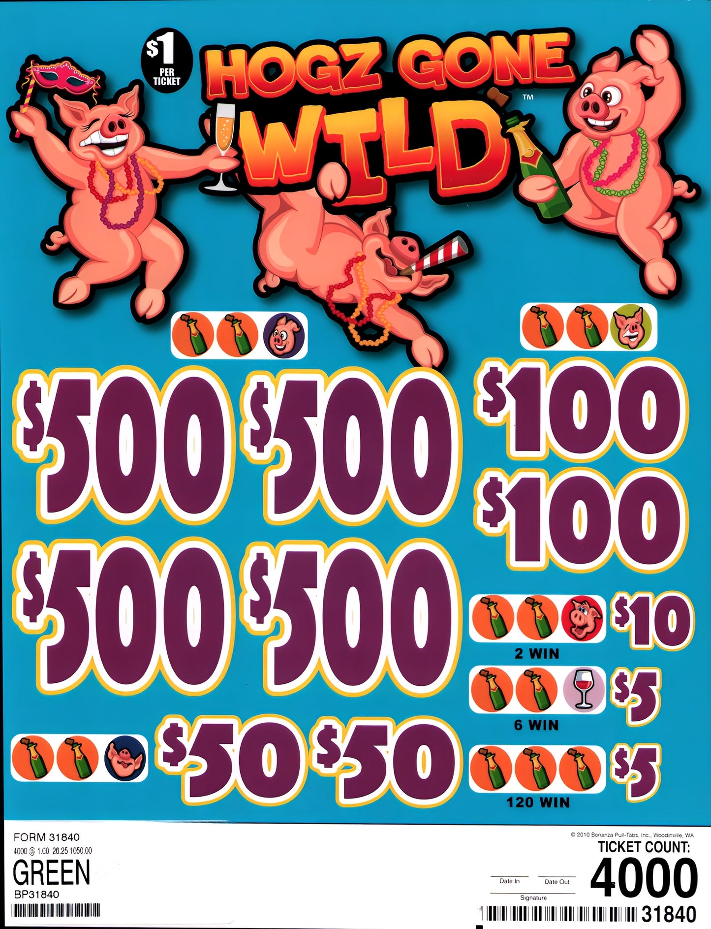HOGZ GONE WILD 4,000 ct Pull Tab Ticket