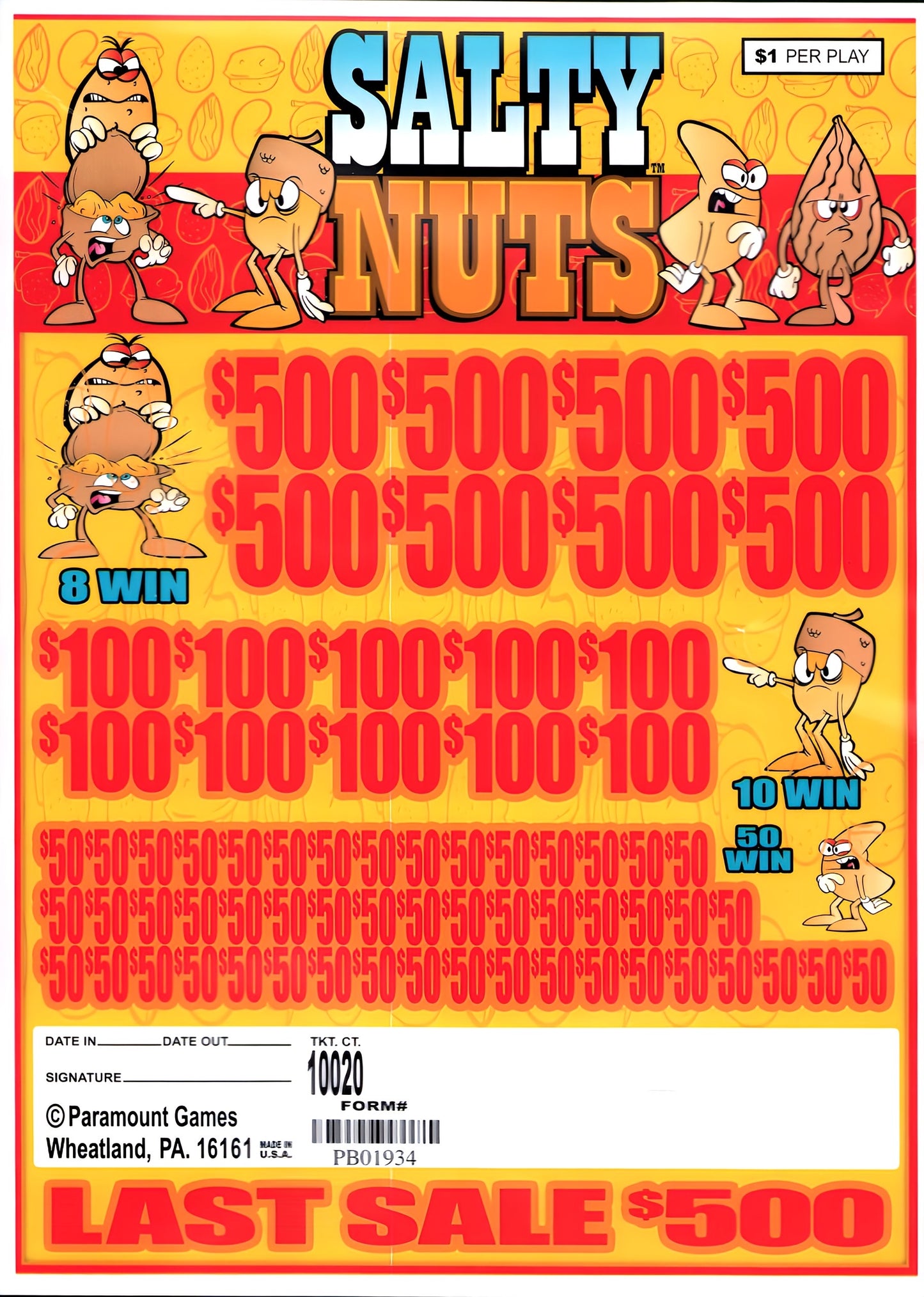 SALTY NUTS 10,020 ct Jar Ticket