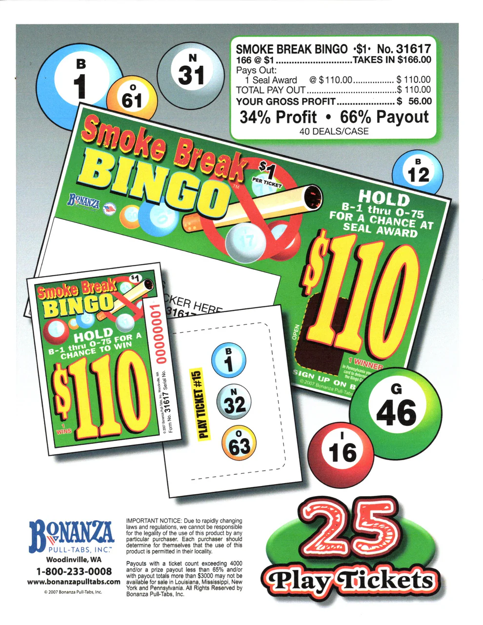 SMOKE BREAK BINGO 166 ct Pull Tab Ticket