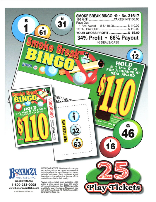 SMOKE BREAK BINGO 166 ct Pull Tab Ticket