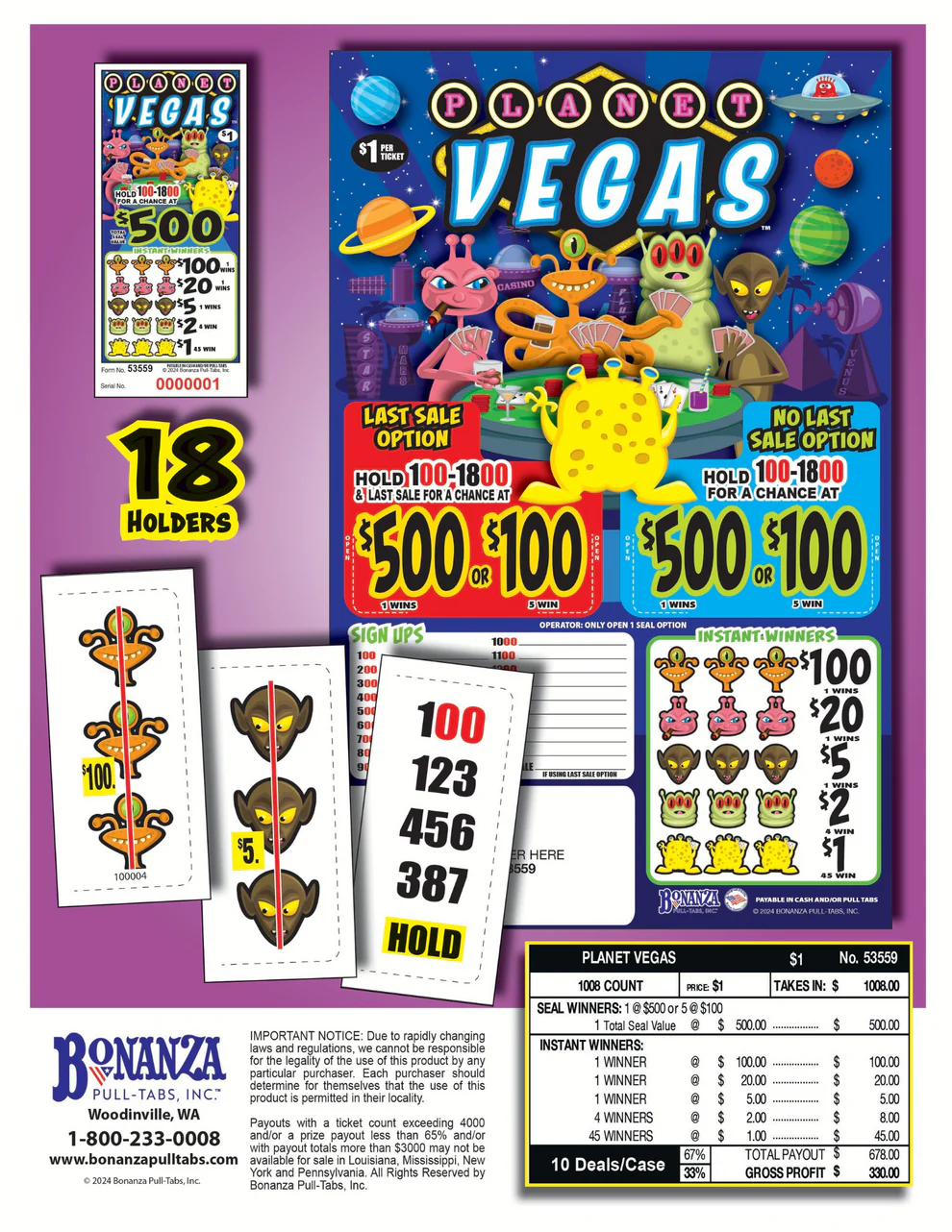 PLANET VEGAS 1,008 ct Pull Tab Ticket